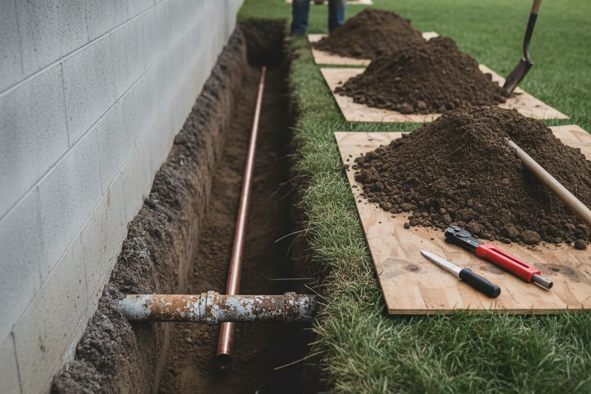 Excavated water line trench during Water Softener Installation in Boulder Creek